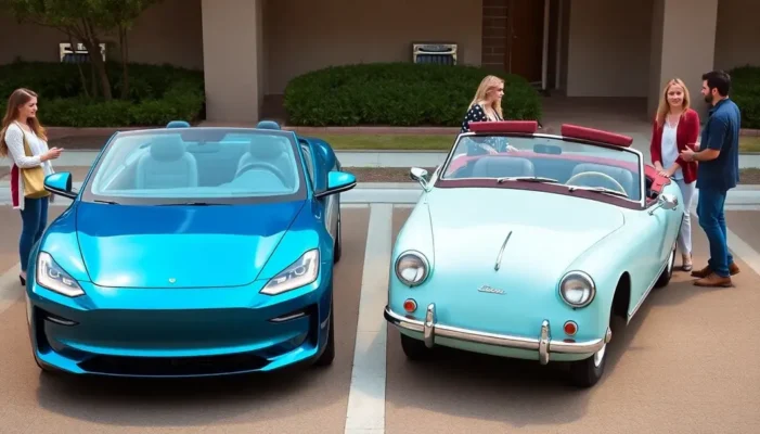 A modern electric car and a classic gas car positioned together with stylishly dressed individuals around, showing fashion and choice.