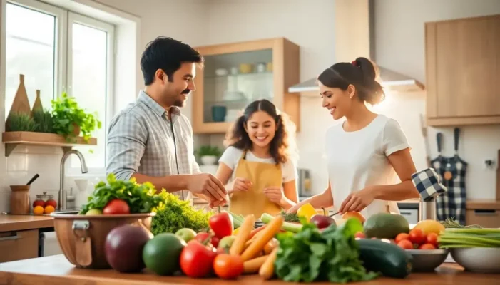 Family working together in the kitchen preparing a meal with an array of fresh ingredients.
