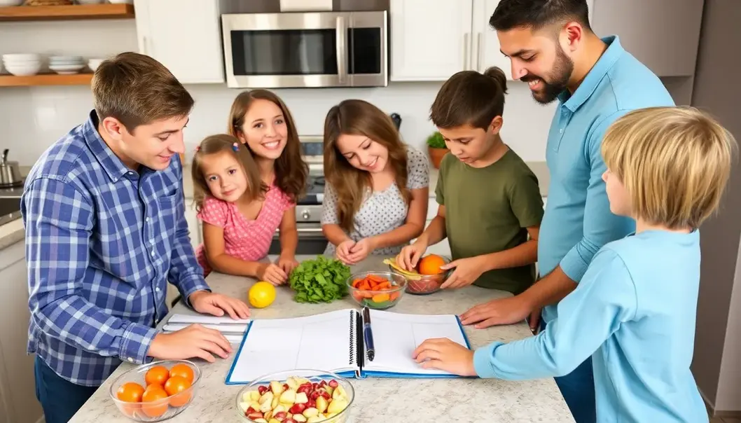 A family working together on meal planning and preparation.