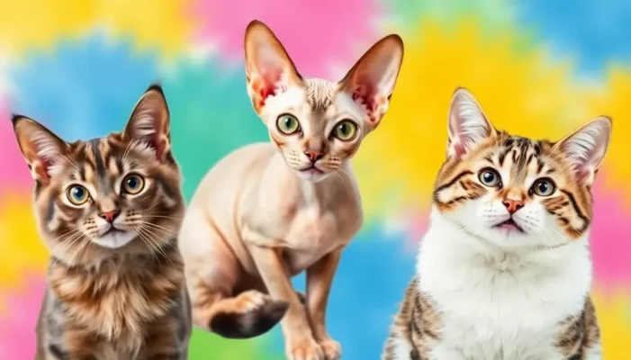 Collage showcasing different quirky cat breeds against a vibrant backdrop.