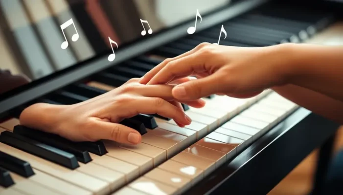 Close-up of two hands resting on a piano keyboard with musical notes overhead.