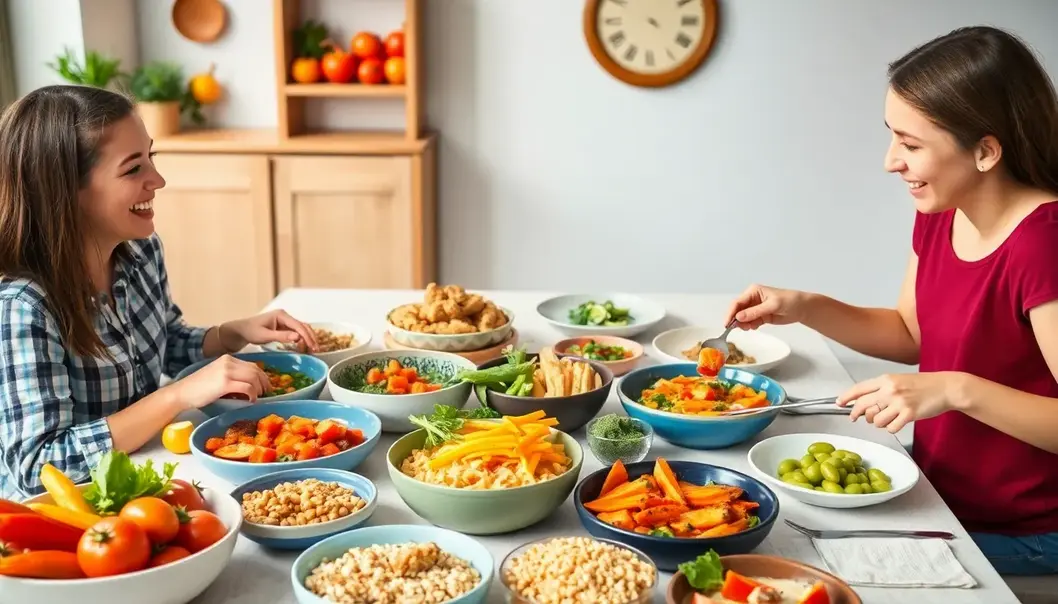 A family working together on meal planning and preparation.