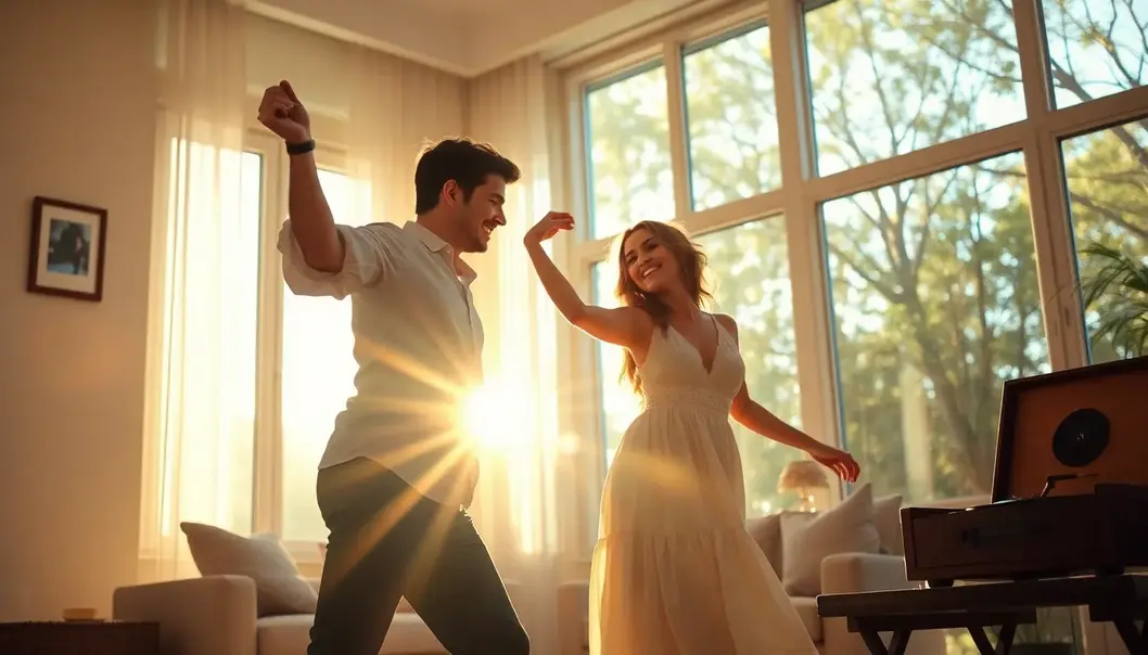 A couple dancing joyfully, enveloped in uplifting tunes that heighten their happiness.
